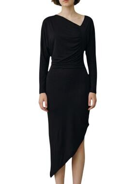 J MODE USA Sexy Stretch Jersey Ruched Asymmetrical Hem Stretchy Black  Dress S